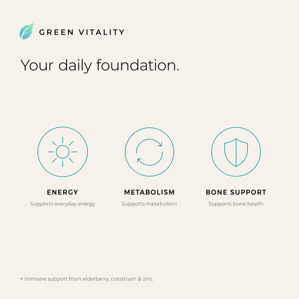 Green Vitality — your daily foundation: supports everyday energy, metabolism and bone health, plus immune support from elderberry, colostrum and zinc