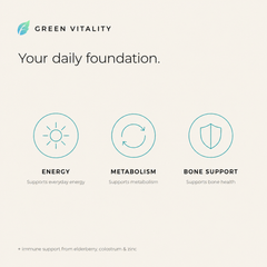 Green Vitality — your daily foundation: supports everyday energy, metabolism and bone health, plus immune support from elderberry, colostrum and zinc