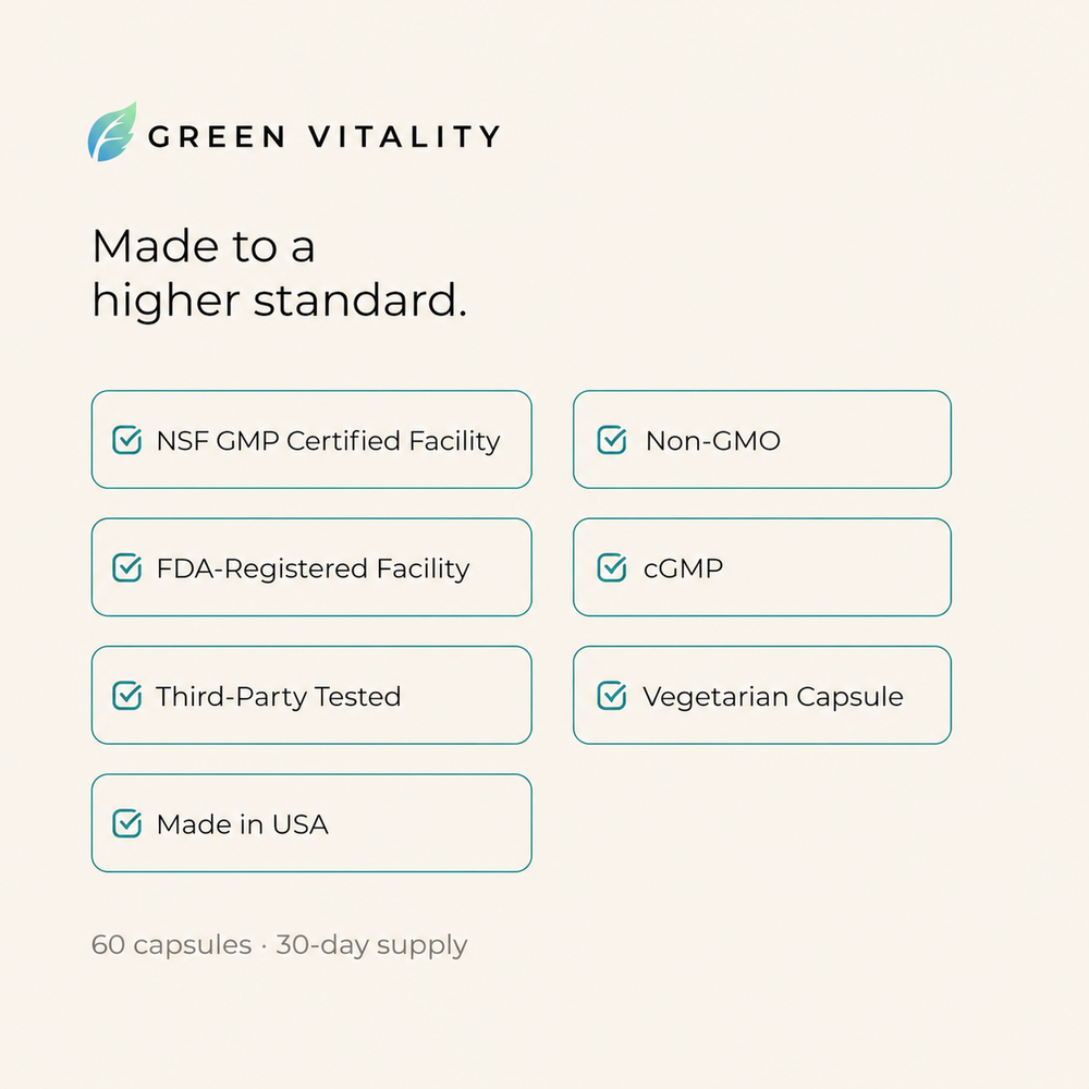 Green Vitality — made to a higher standard: NSF GMP certified facility, FDA-registered facility, third-party tested, non-GMO, cGMP, vegetarian capsule, made in USA. 60 capsules, 30-day supply