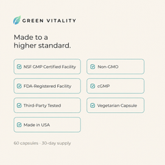 Green Vitality — made to a higher standard: NSF GMP certified facility, FDA-registered facility, third-party tested, non-GMO, cGMP, vegetarian capsule, made in USA. 60 capsules, 30-day supply