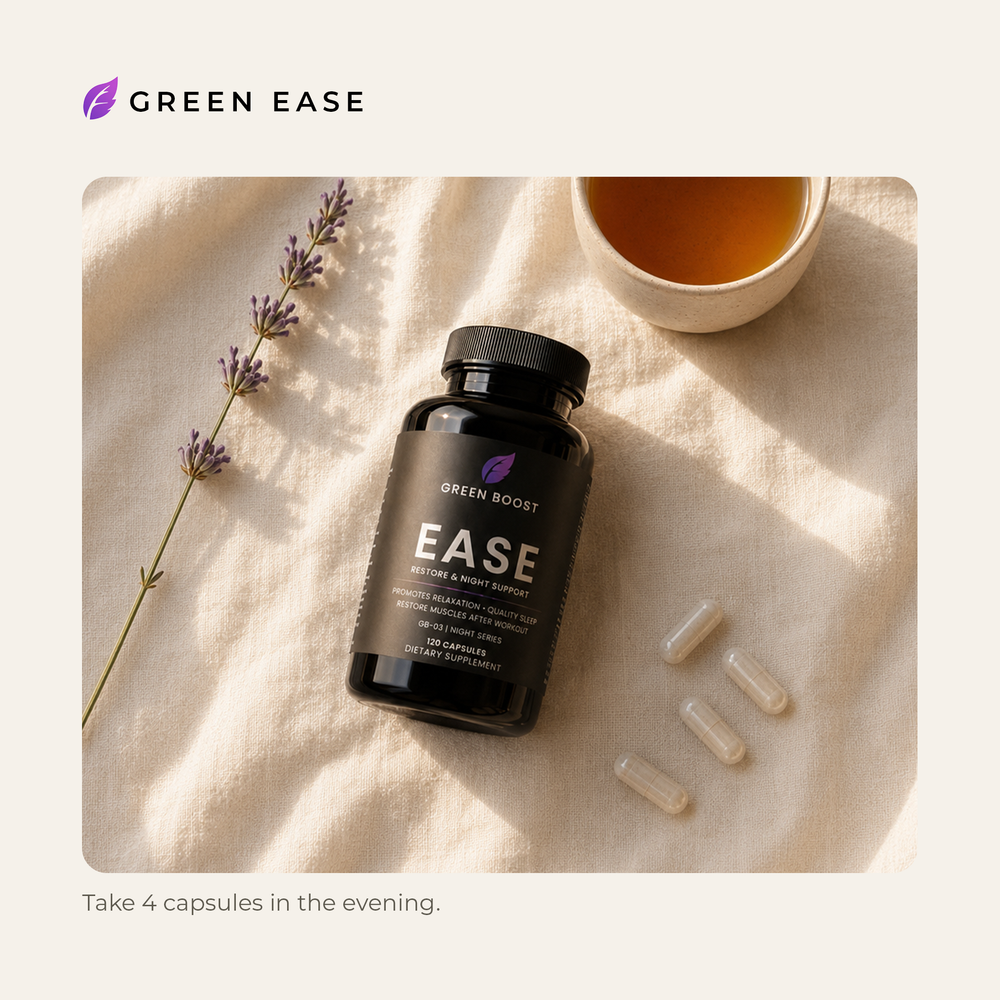 Green Ease bottle with lavender and tea — take 4 capsules in the evening