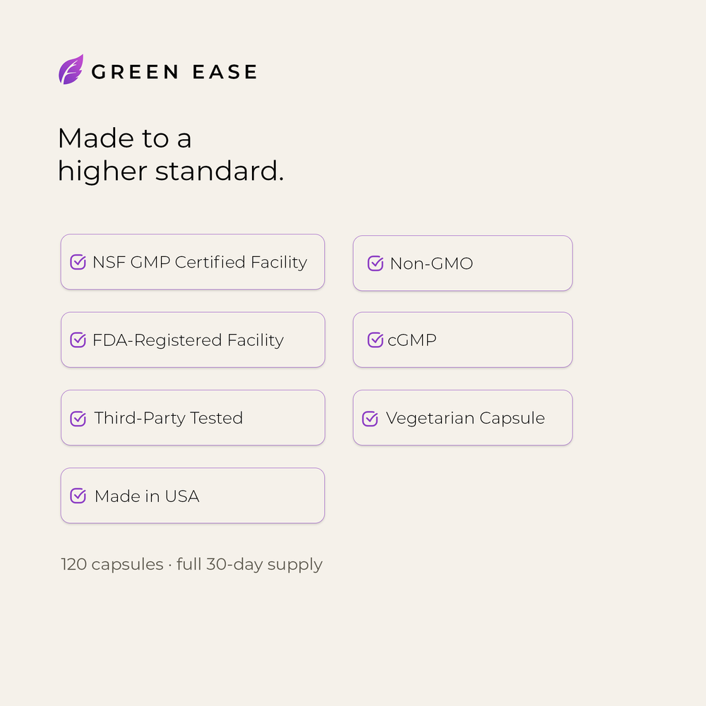Green Ease — made to a higher standard: NSF GMP certified facility, FDA-registered facility, third-party tested, non-GMO, cGMP, vegetarian capsule, made in USA. 120 capsules, full 30-day supply