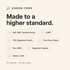 Green Core quality standards: NSF GMP certified facility, cGMP, FDA-registered facility, third-party tested, non-GMO, vegetarian capsule, made in USA