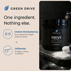 Green Drive creatine bottle with scoop - one ingredient, nothing else - Creatine Monohydrate 5g for strength, power and recovery, unflavored with no fillers