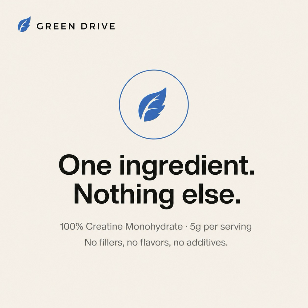 Green Drive - one ingredient, nothing else - 100 percent creatine monohydrate, 5g per serving, no fillers, no flavors, no additives