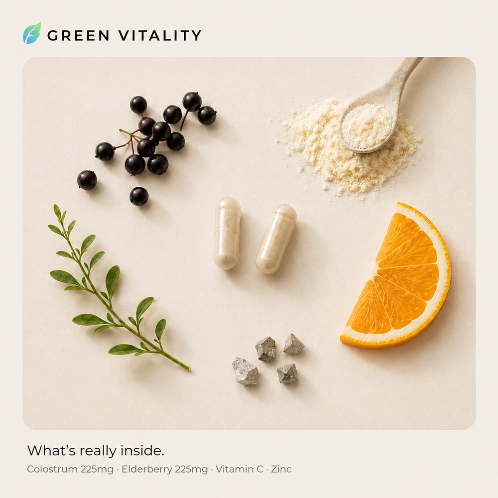 Green Vitality — what's really inside: colostrum, elderberry, vitamin C and zinc shown alongside the vegetarian capsules