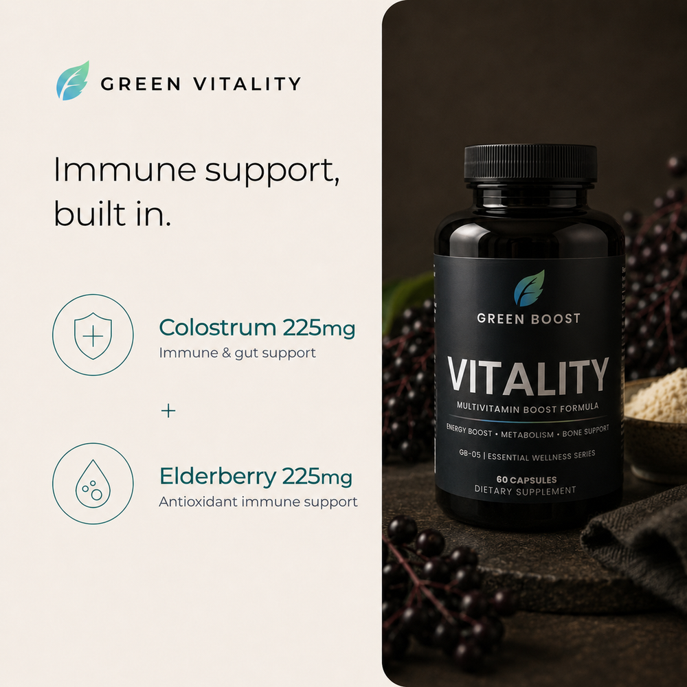 Green Vitality — immune support built in: Colostrum 225mg for immune and gut support, Elderberry 225mg antioxidant immune support, shown with the Vitality bottle