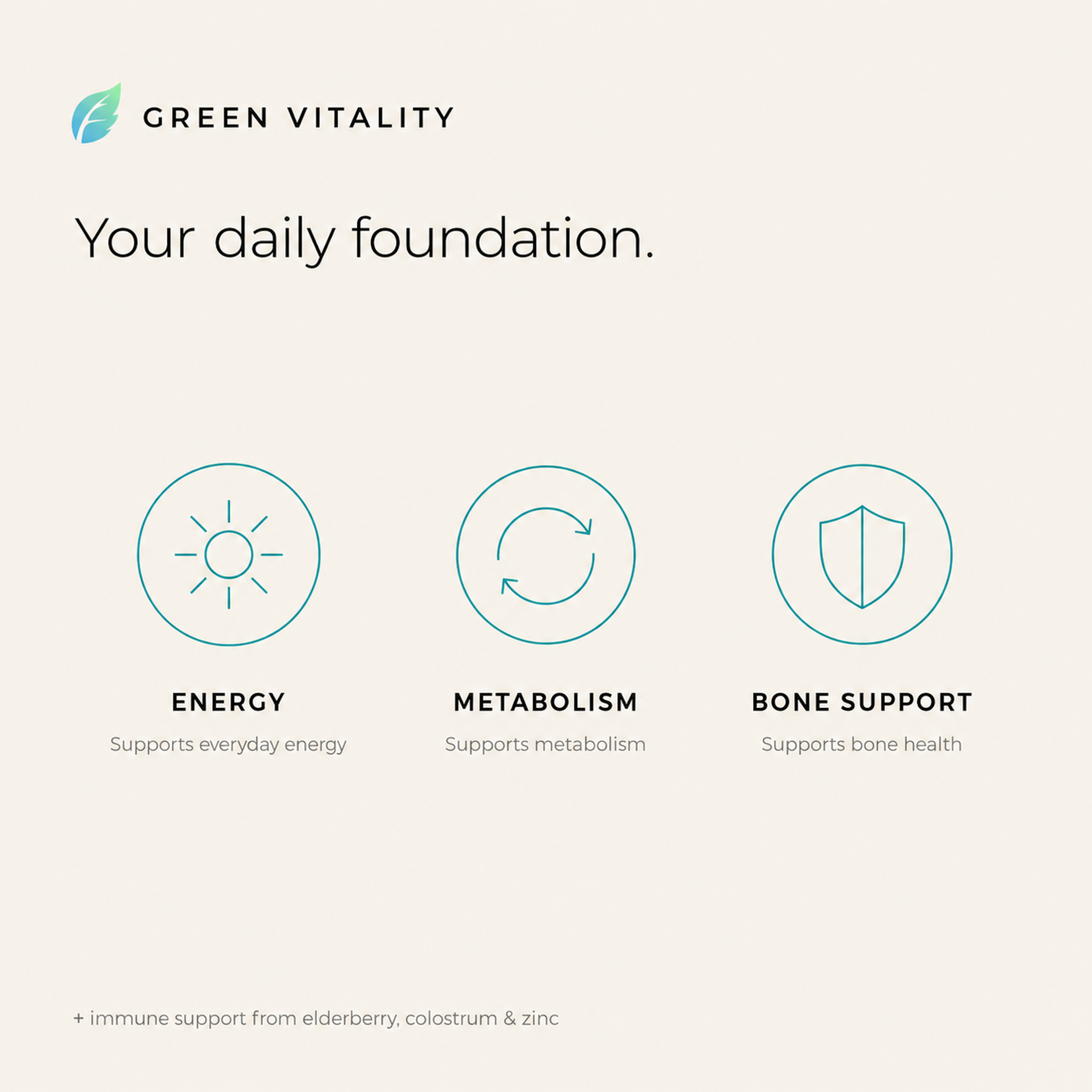 Green Vitality — your daily foundation: supports everyday energy, metabolism and bone health, plus immune support from elderberry, colostrum and zinc
