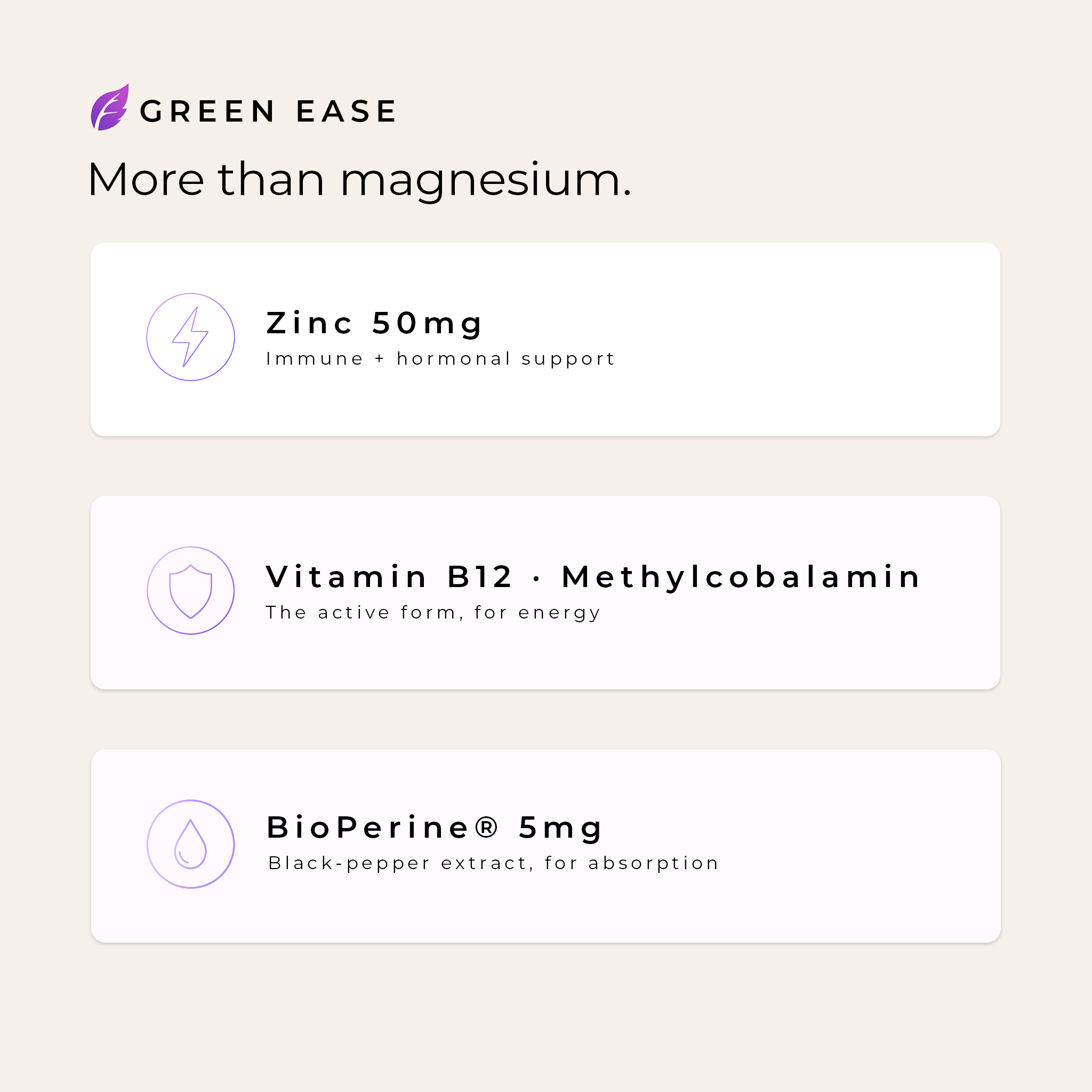 Green Ease — more than magnesium: Zinc 50mg for immune and hormonal support, Vitamin B12 methylcobalamin for energy, BioPerine 5mg for absorption
