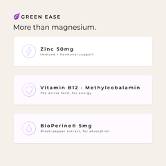 Green Ease — more than magnesium: Zinc 50mg for immune and hormonal support, Vitamin B12 methylcobalamin for energy, BioPerine 5mg for absorption