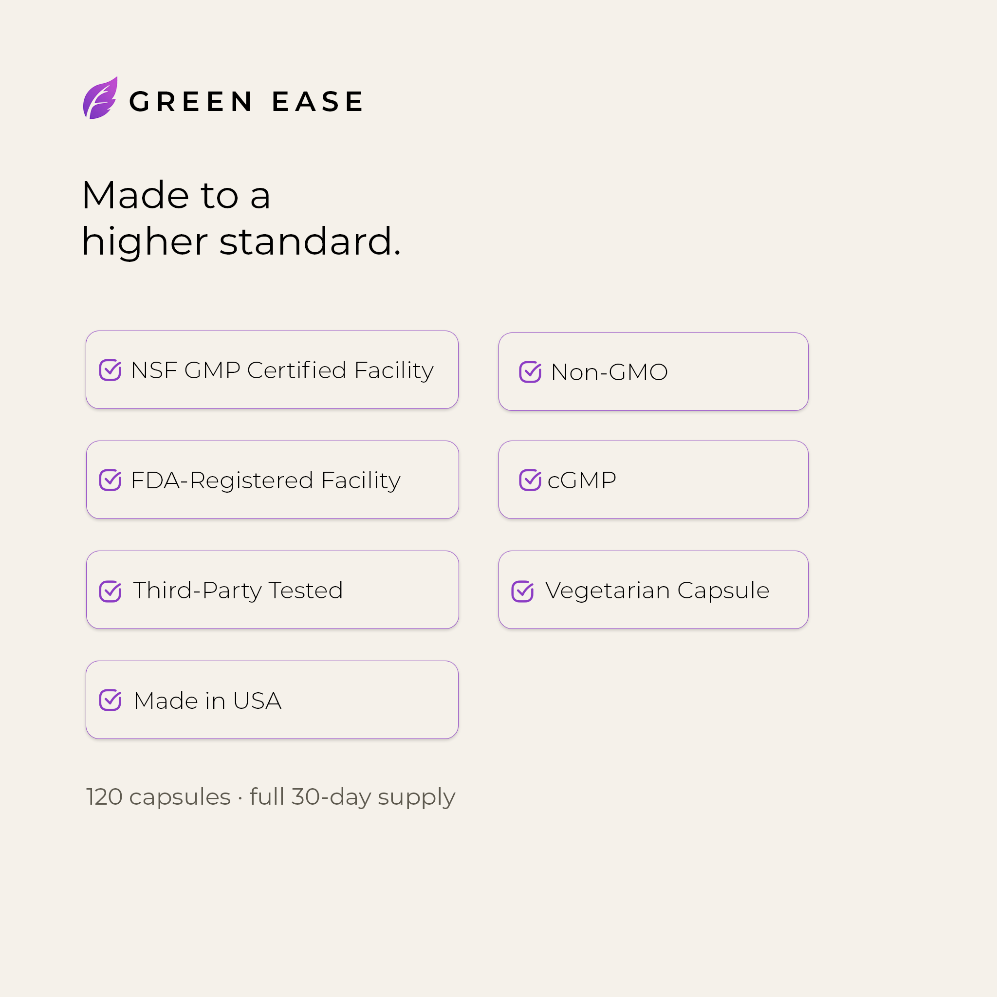 Green Ease — made to a higher standard: NSF GMP certified facility, FDA-registered facility, third-party tested, non-GMO, cGMP, vegetarian capsule, made in USA. 120 capsules, full 30-day supply