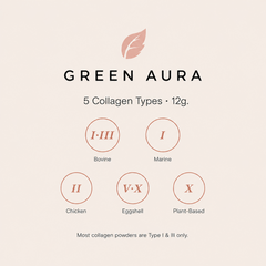 Green Aura 5 collagen types, 12g per serving - bovine type I and III, marine type I, chicken type II, eggshell type V and X, plant-based type X