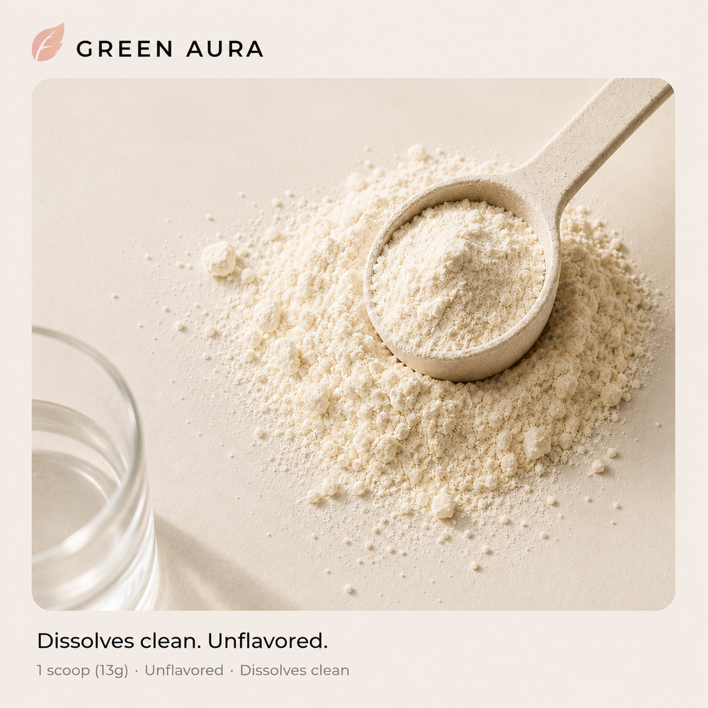 Green Aura collagen powder scoop - 1 scoop 13g, unflavored, dissolves clean