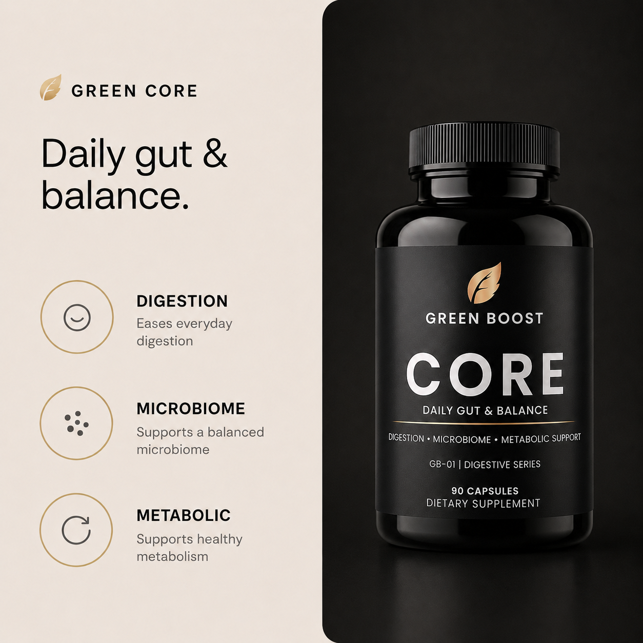 Green Boost Core bottle - daily gut and balance for digestion, microbiome and metabolic support