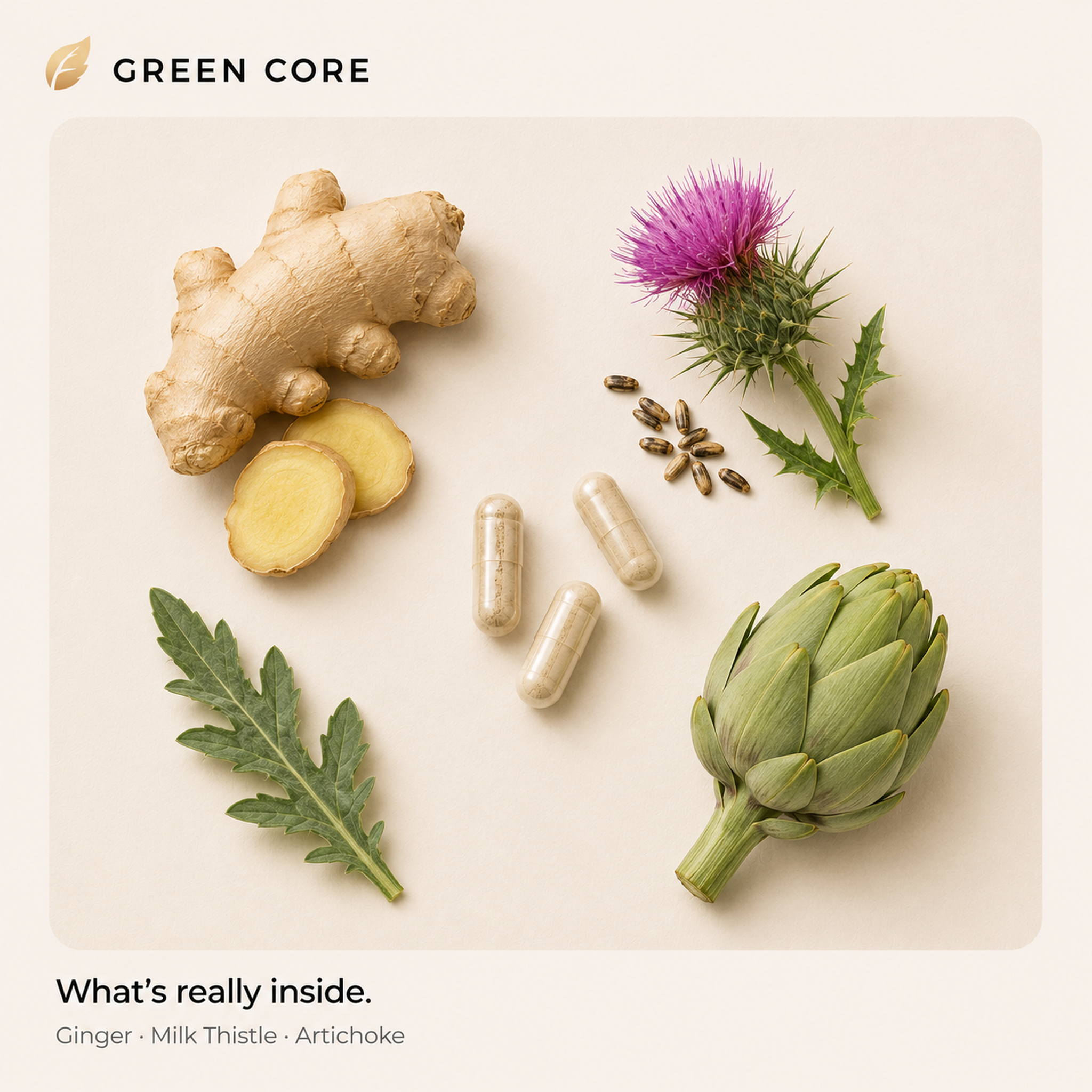 Green Core key botanicals - ginger, milk thistle and artichoke shown with capsules