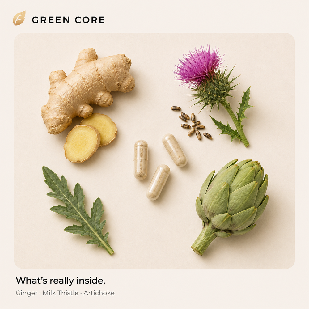 Green Core key botanicals - ginger, milk thistle and artichoke shown with capsules
