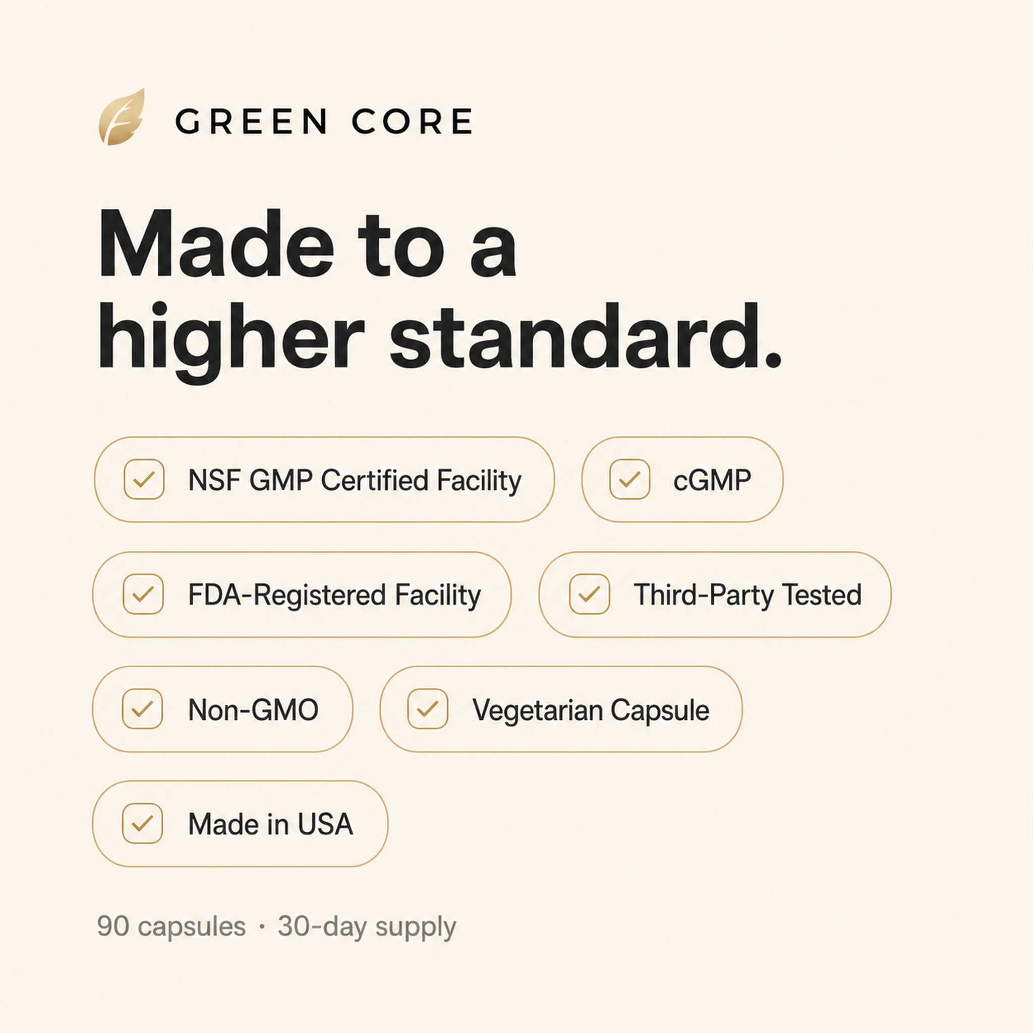 Green Core quality standards: NSF GMP certified facility, cGMP, FDA-registered facility, third-party tested, non-GMO, vegetarian capsule, made in USA